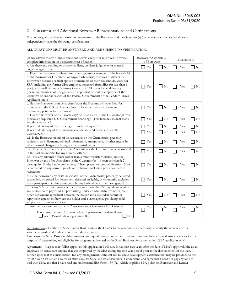 SBA Form 84-1 Joint Application for Export Working Capital Guarantee, Page 9