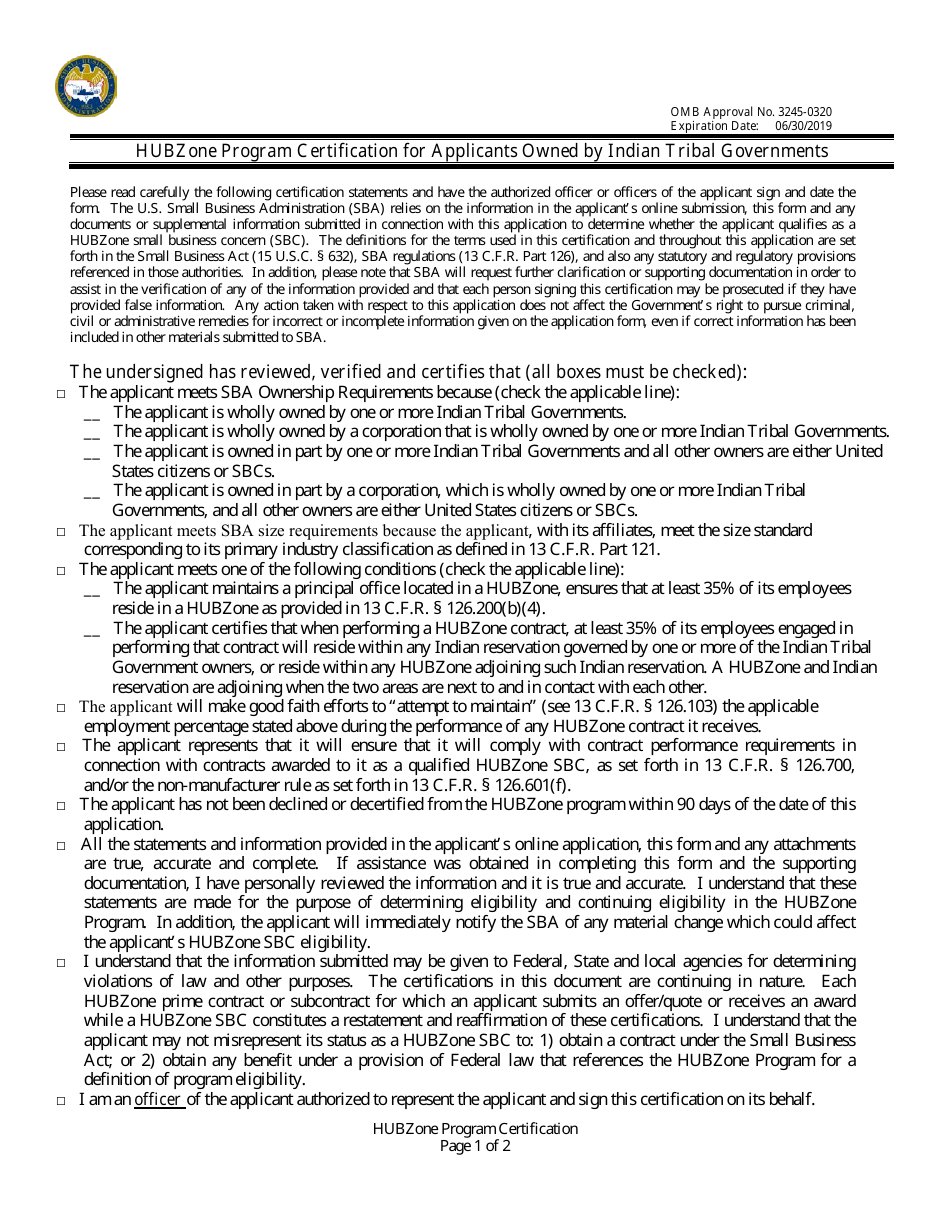 HUBZone Program Certification for Applicants Owned by Indian Tribal Governments, Page 1