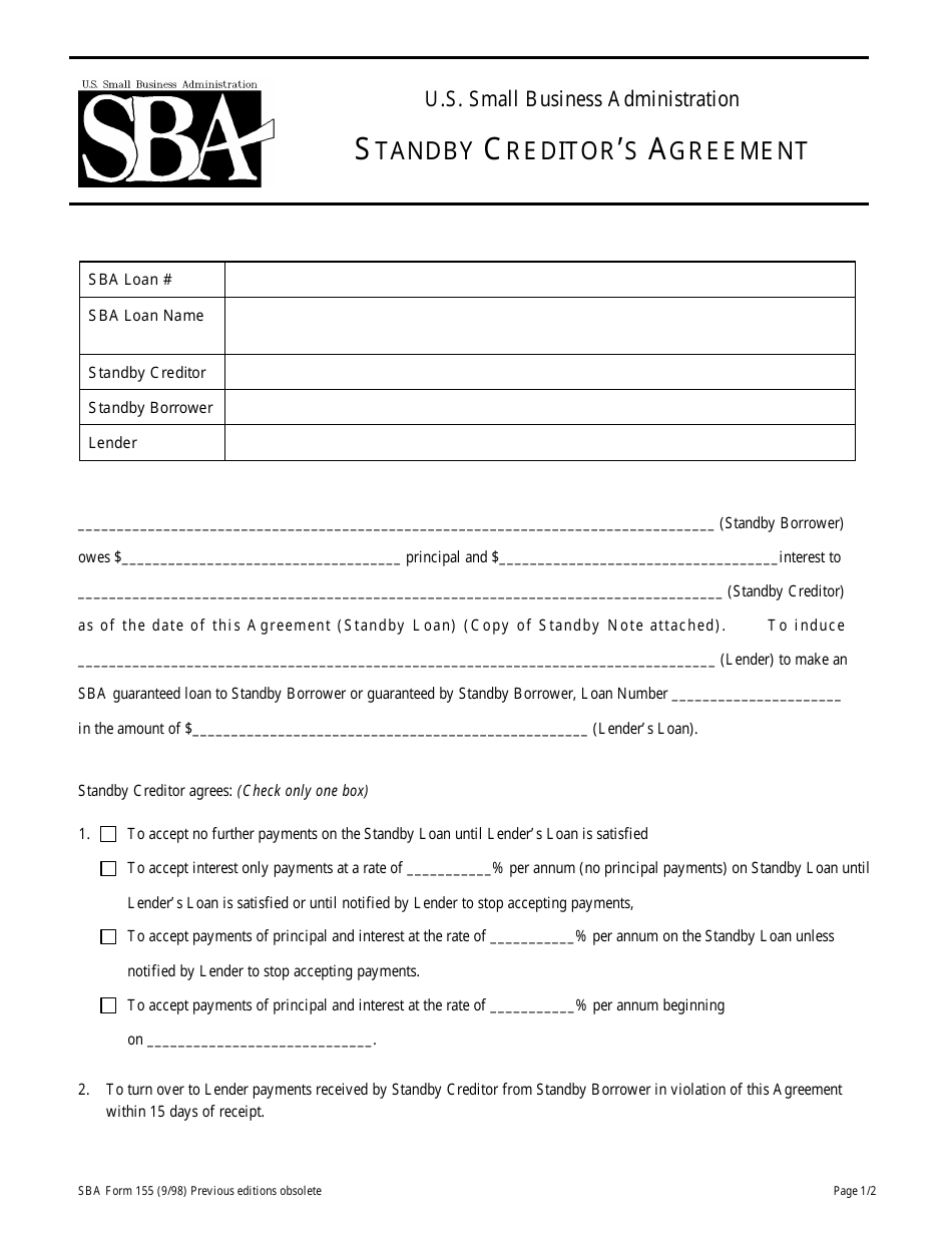 SBA Form 155 Standby Creditors Agreement, Page 1