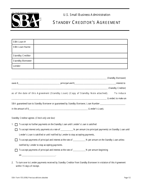 SBA Form 155 Standby Creditor's Agreement