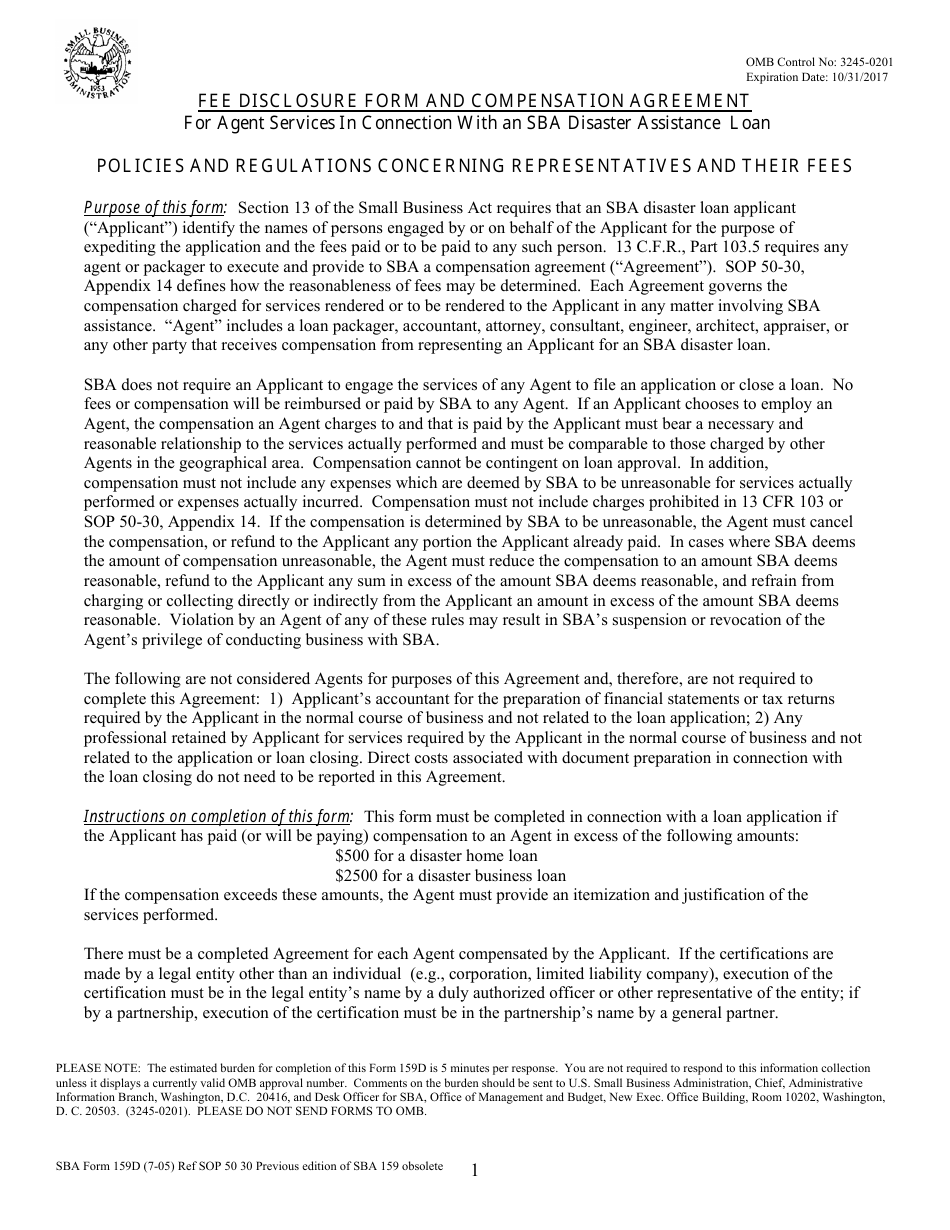 SBA Form 159D Fee Disclosure Form and Compensation Agreement for Agent Services in Connection With an SBA Disaster Assistance Loan, Page 1