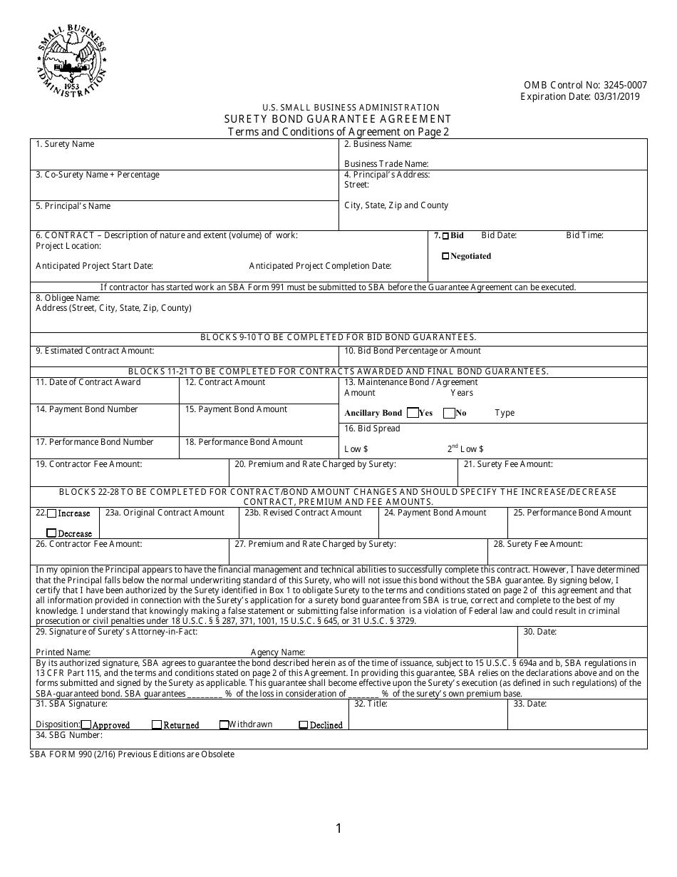 SBA Form 990 Surety Bond Guarantee Agreement, Page 1
