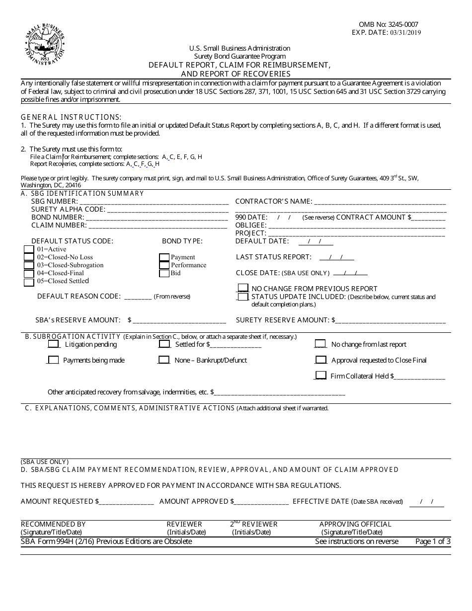 SBA Form 994H Default Report, Claim for Reimbursement, and Report of Recoveries, Page 1