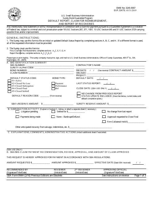 SBA Form 994H  Printable Pdf