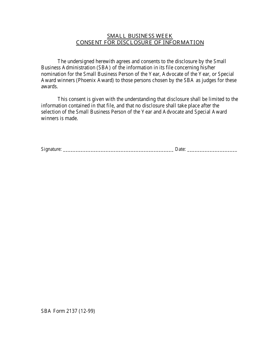 SBA Form 2137 Consent for Disclosure of Information - Small Business Week, Page 1