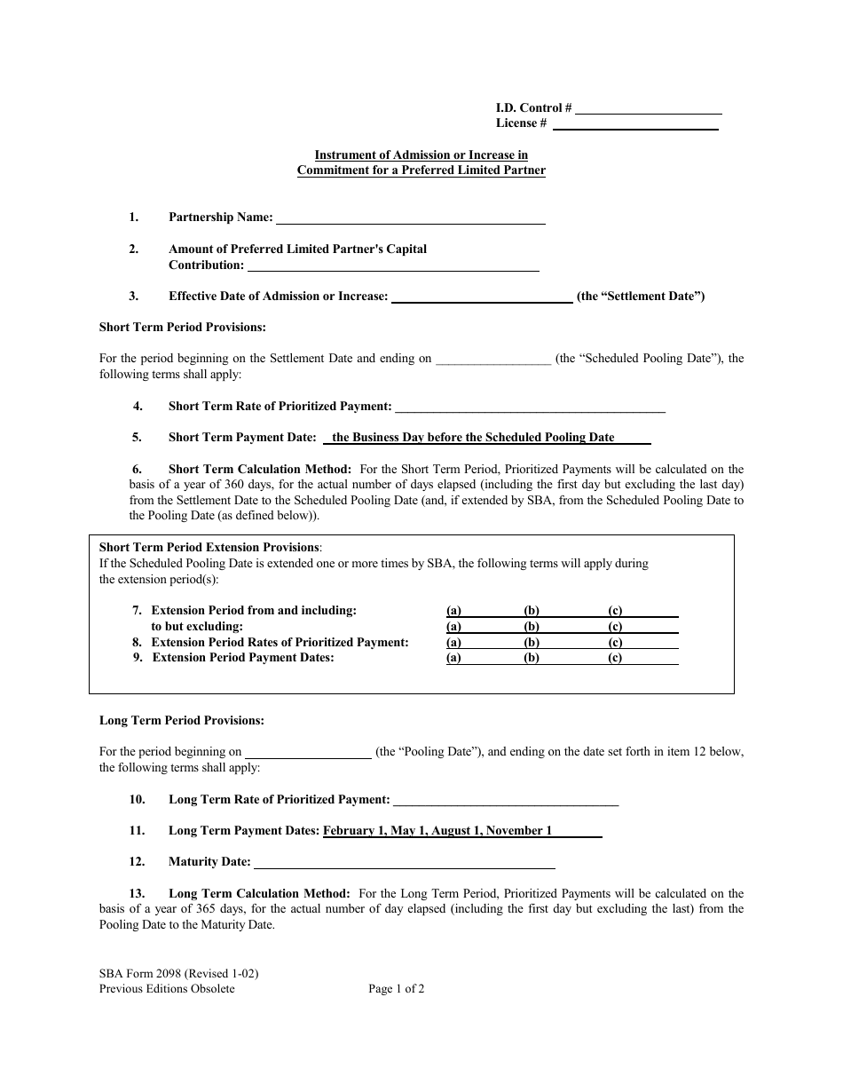 SBA Form 2098 Instrument of Admission or Increase in Commitment for a Preferred Limited Partner, Page 1