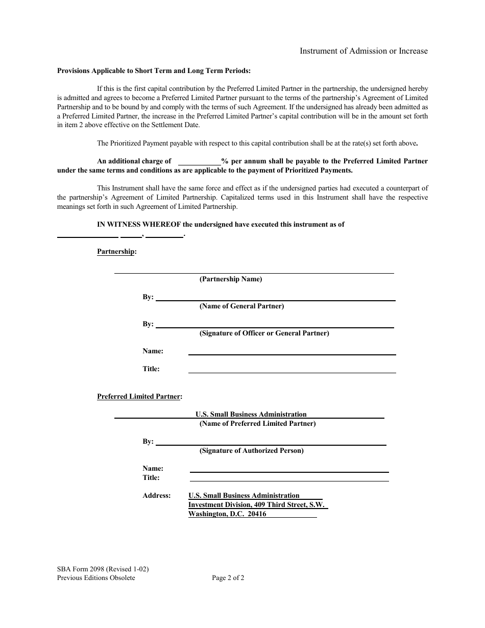 SBA Form 2098 Instrument of Admission or Increase in Commitment for a Preferred Limited Partner, Page 2