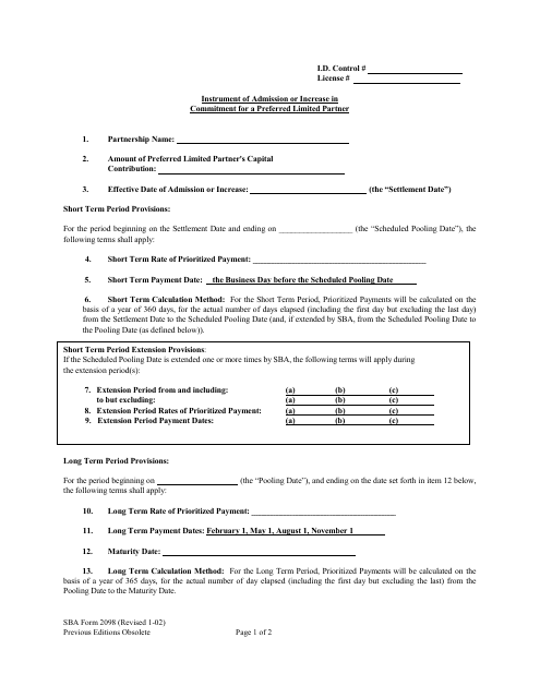 SBA Form 2098  Printable Pdf