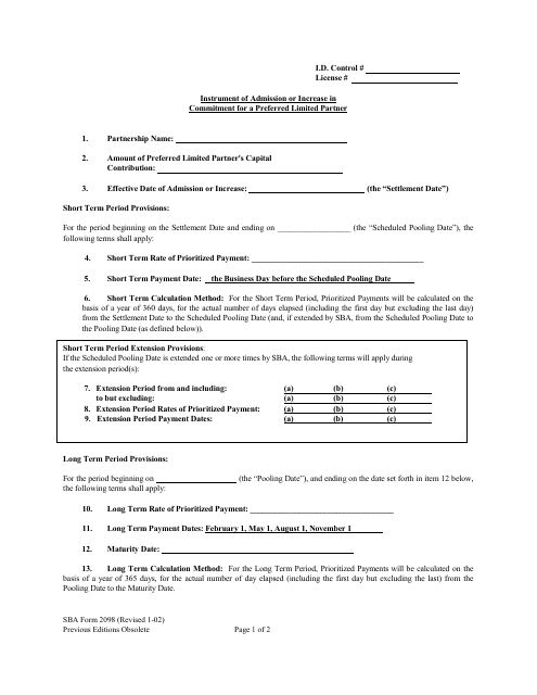 SBA Form 2098 Download Fillable PDF Or Fill Online Instrument Of 