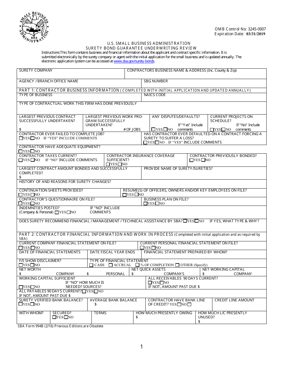 SBA Form 994B Surety Bond Guarantee Underwriting Review, Page 1
