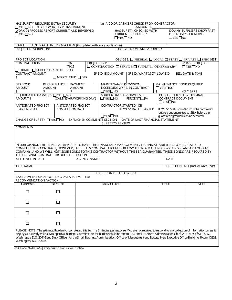 SBA Form 994B Surety Bond Guarantee Underwriting Review, Page 2