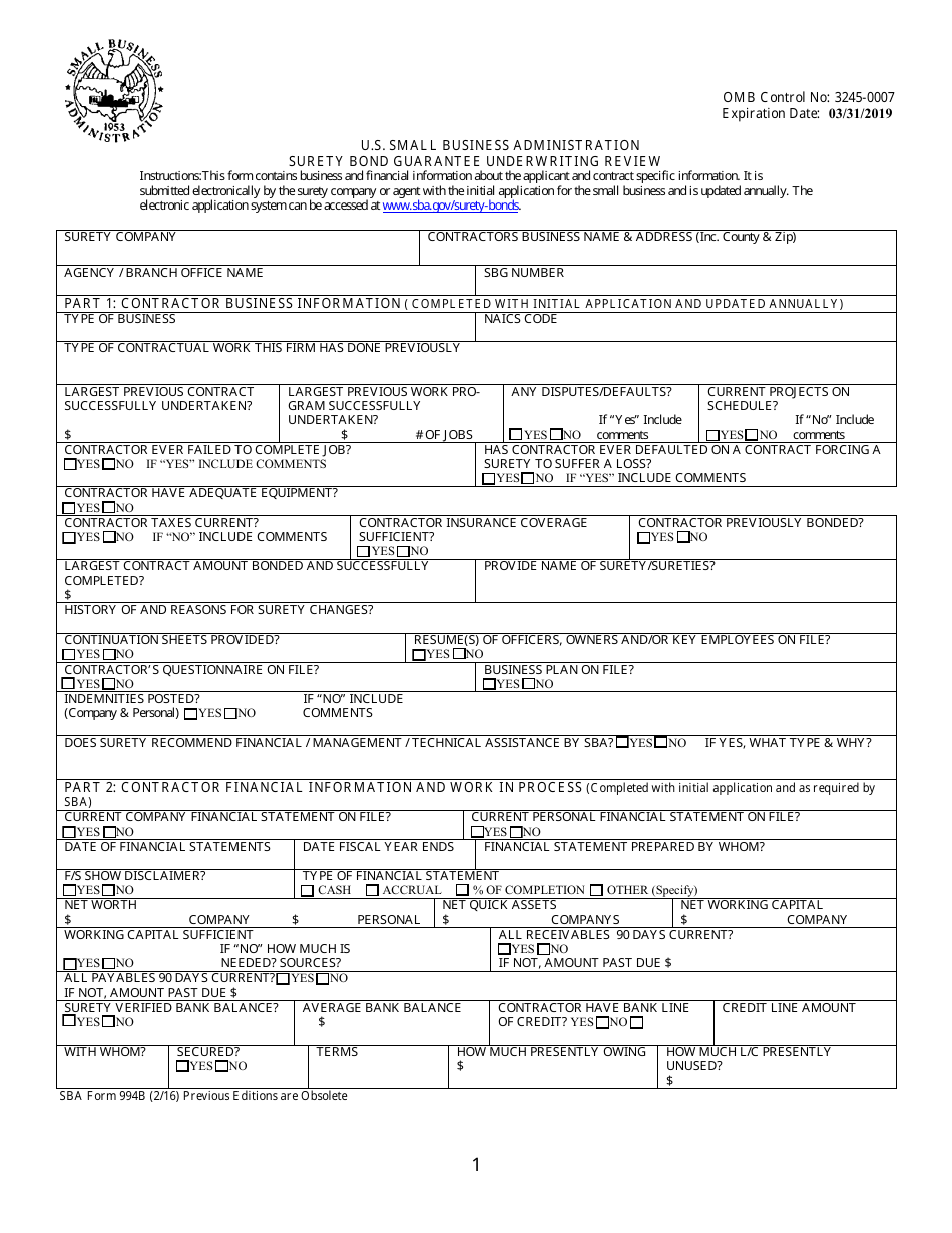 SBA Form 994B Download Fillable PDF Or Fill Online Surety Bond ...