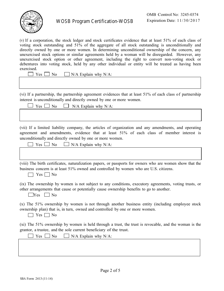 SBA Form 2413 Women Owned Small Business (WOSB) Program Certification, Page 2