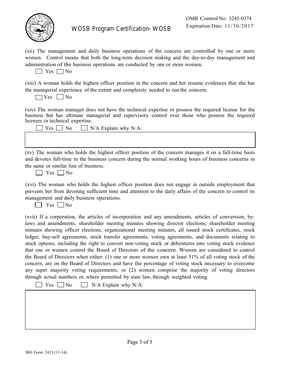 SBA Form 2413 Women Owned Small Business (WOSB) Program Certification, Page 3