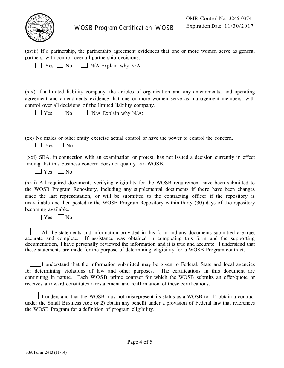 SBA Form 2413 Women Owned Small Business (WOSB) Program Certification, Page 4