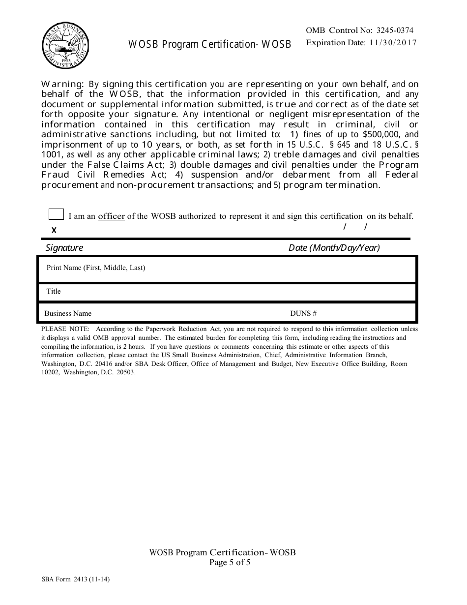 SBA Form 2413 Women Owned Small Business (WOSB) Program Certification, Page 5