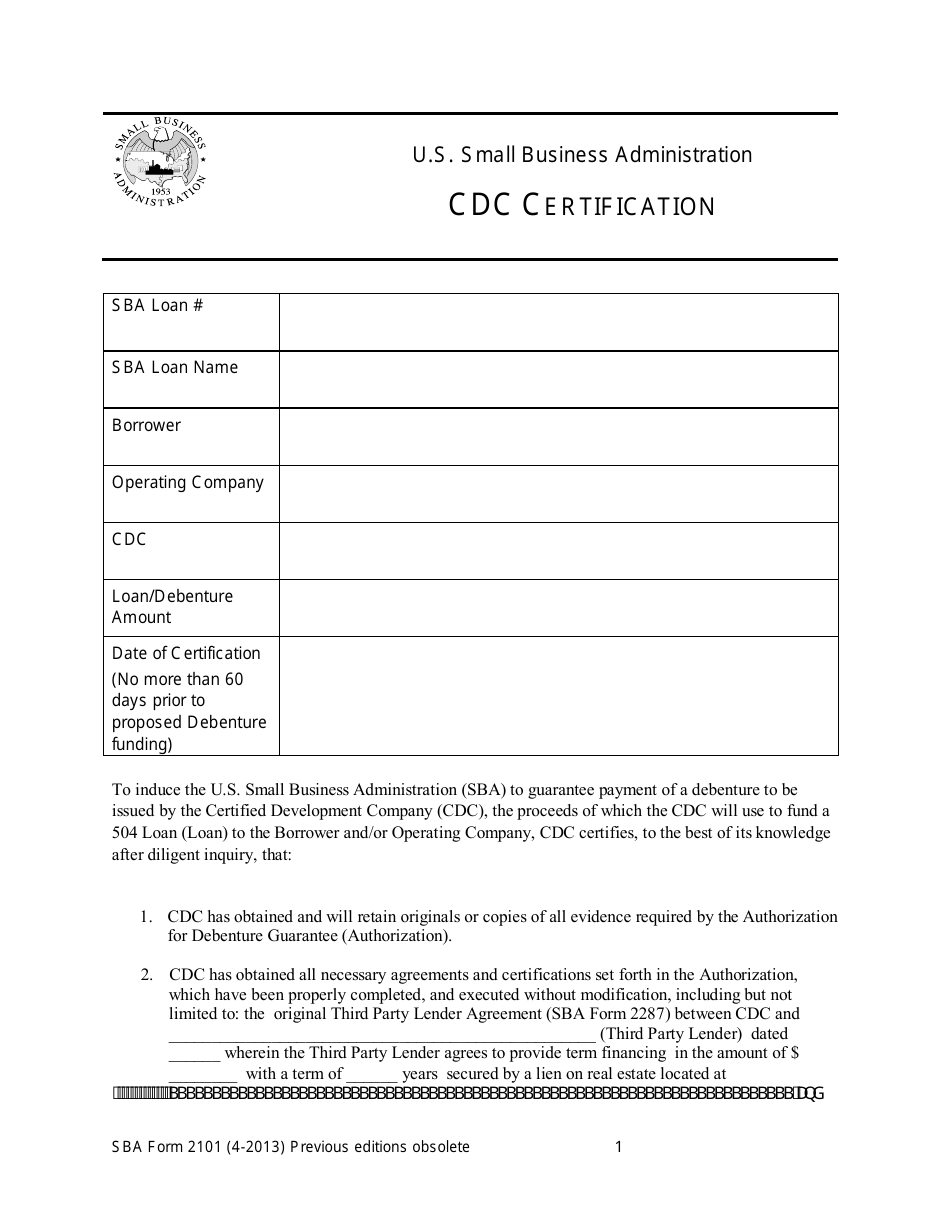 SBA Form 2101 CDC Certification, Page 1