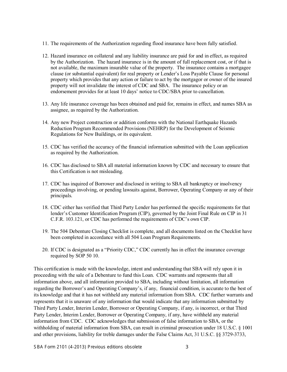 SBA Form 2101 CDC Certification, Page 3