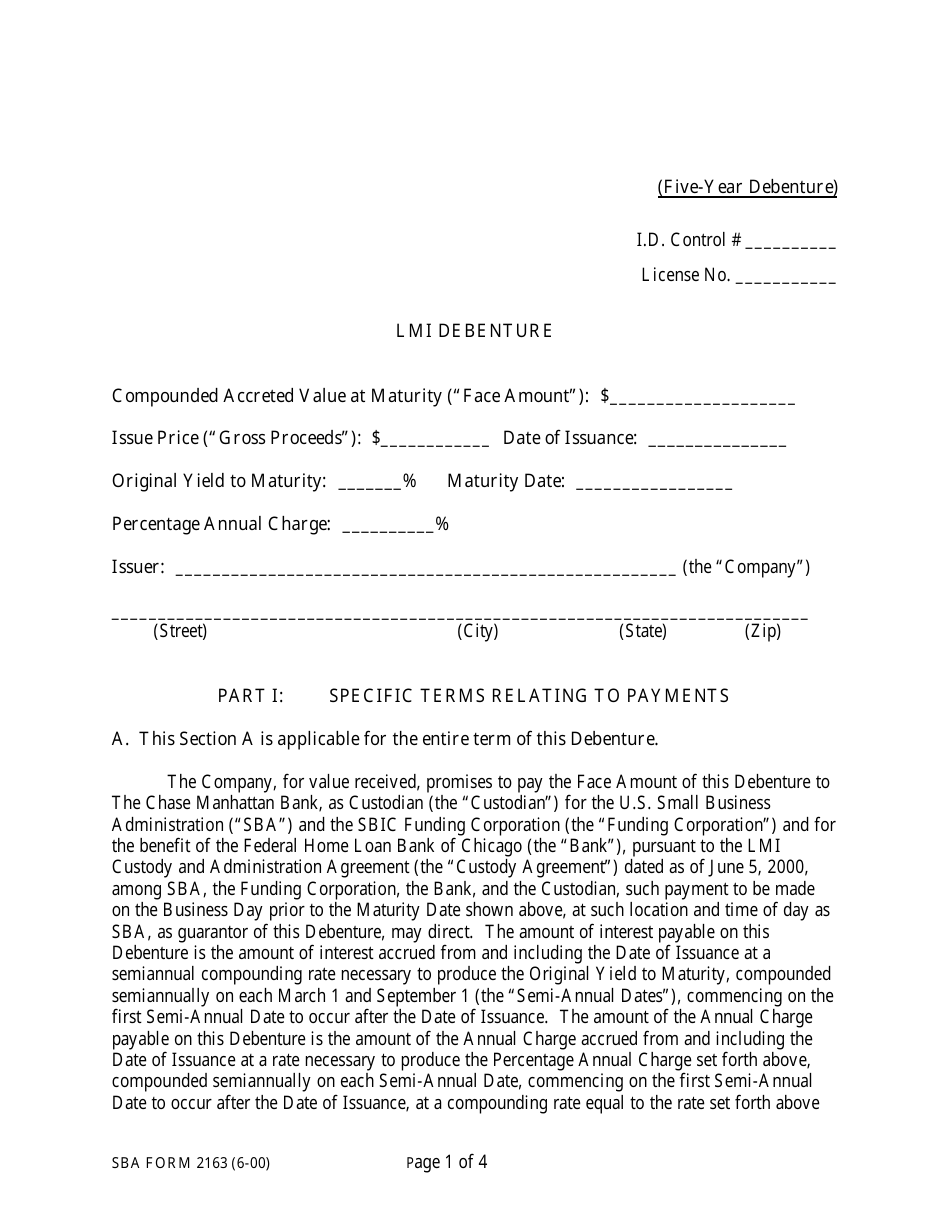 SBA Form 2163 Lmi Debenture (Five-Year Debenture), Page 1