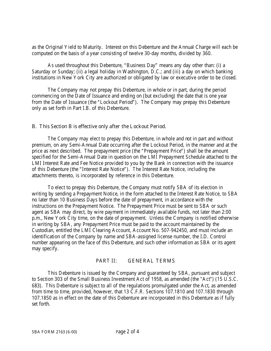 SBA Form 2163 Lmi Debenture (Five-Year Debenture), Page 2