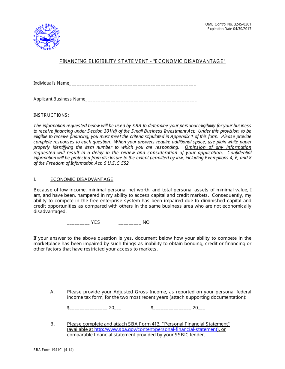 SBA Form 1941C Financing Eligibility Statement - economic Disadvantage, Page 1