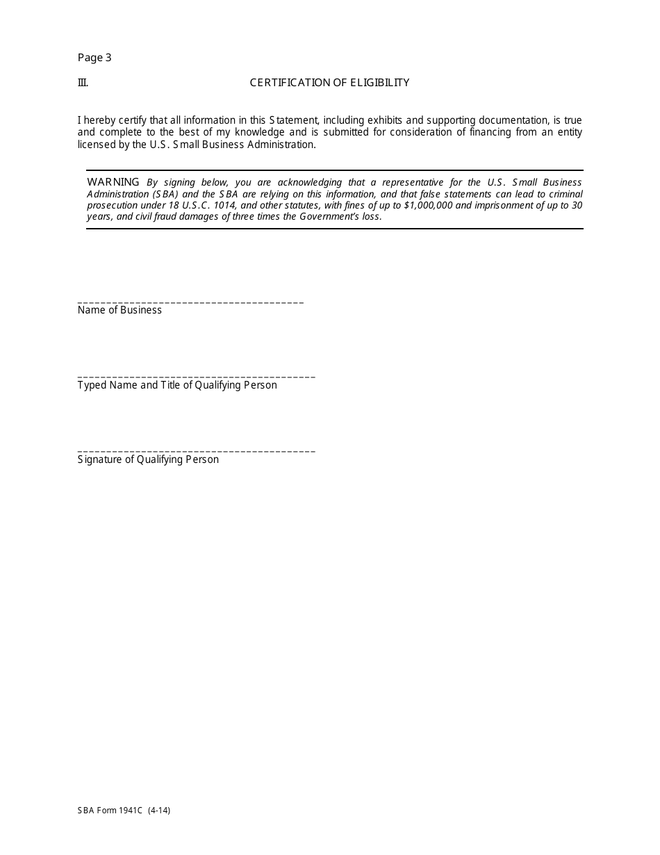 SBA Form 1941C Financing Eligibility Statement - economic Disadvantage, Page 3