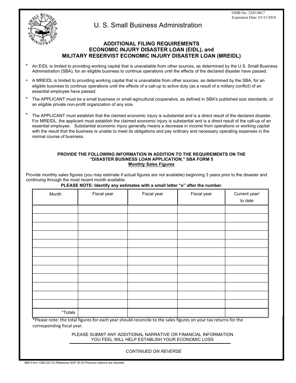 SBA Form 1368 Additional Filing Requirements Economic Injury Disaster Loan (EIDL), and Military Reservist Economic Injury Disaster Loan (MREIDL), Page 1