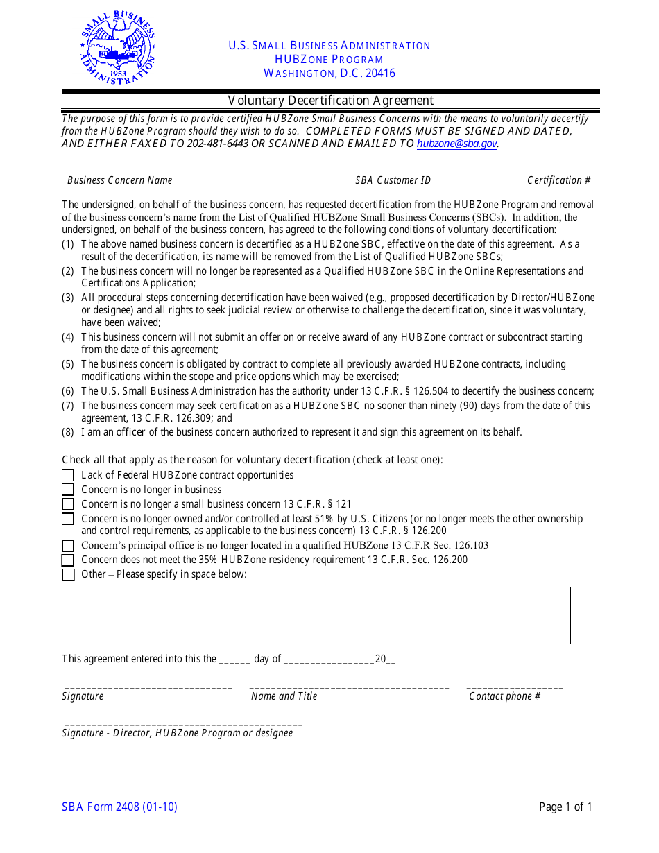 SBA Form 2408 Voluntary Decertification Agreement, Page 1