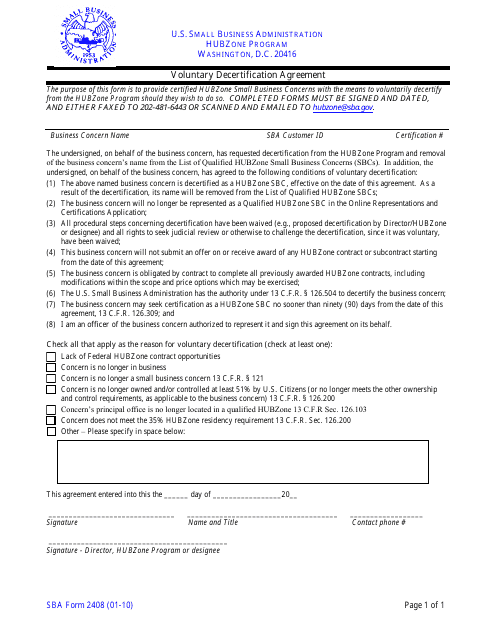 SBA Form 2408 Voluntary Decertification Agreement