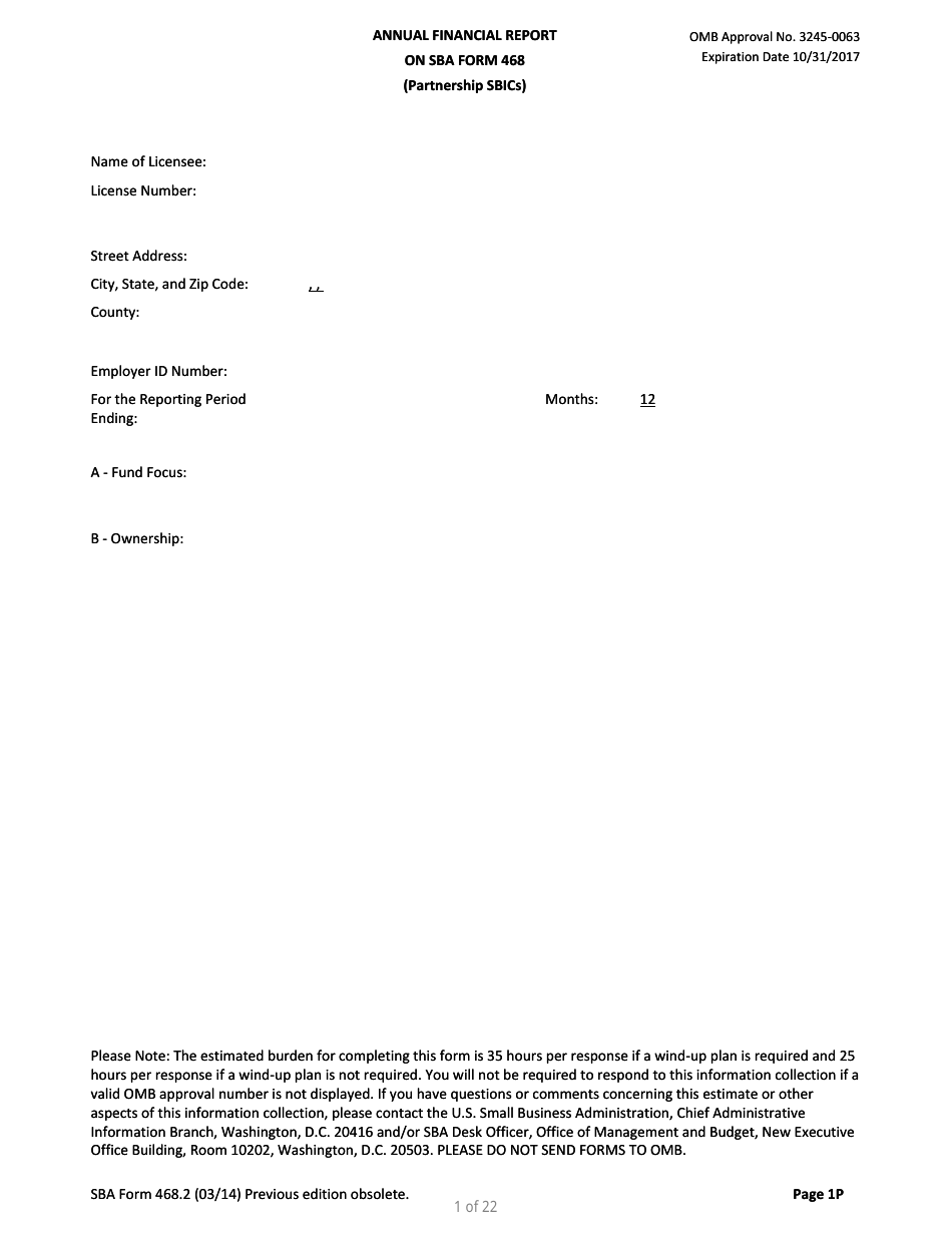SBA Form 468.2 Partnership Annual Financial Report, Page 1