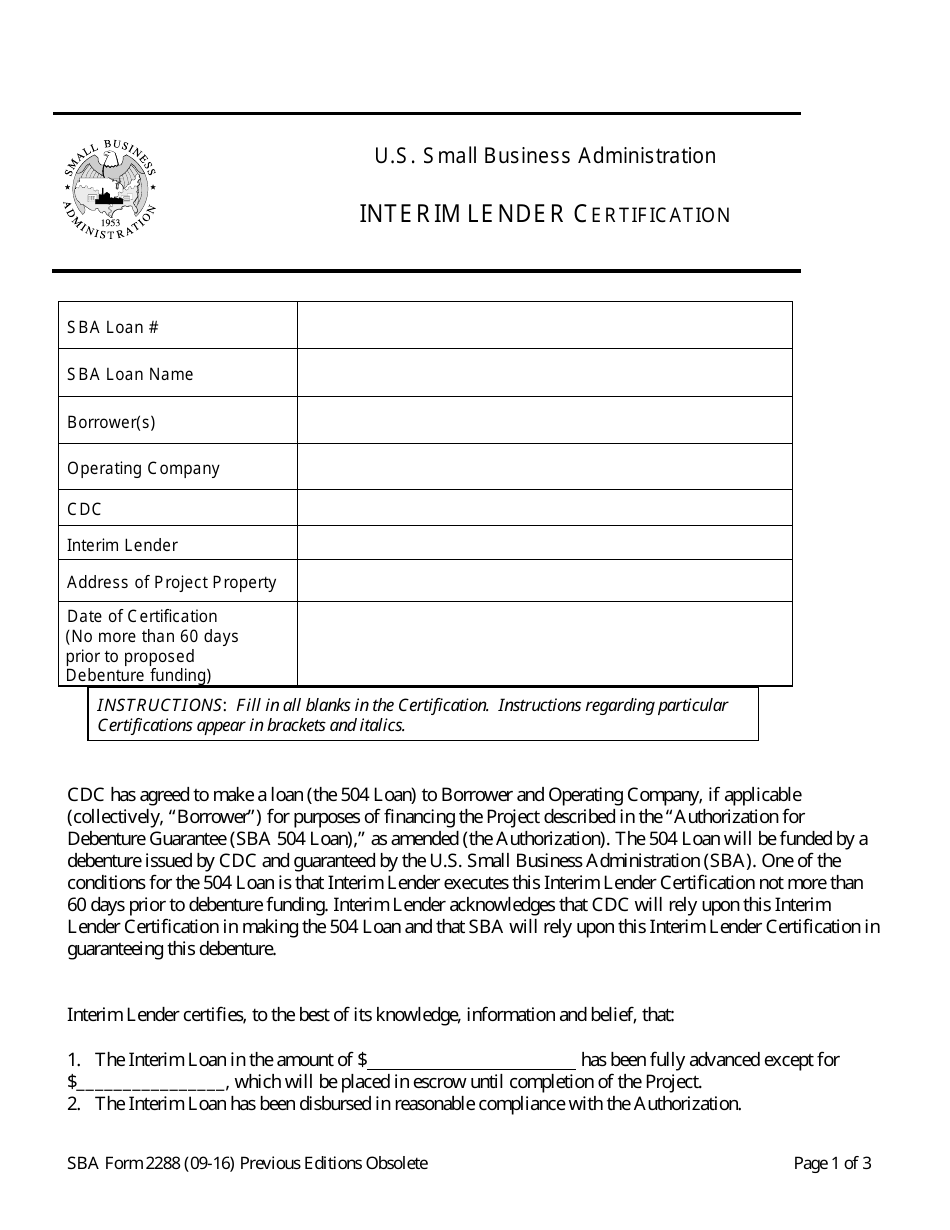 SBA Form 2288 Interim Lender Certification, Page 1