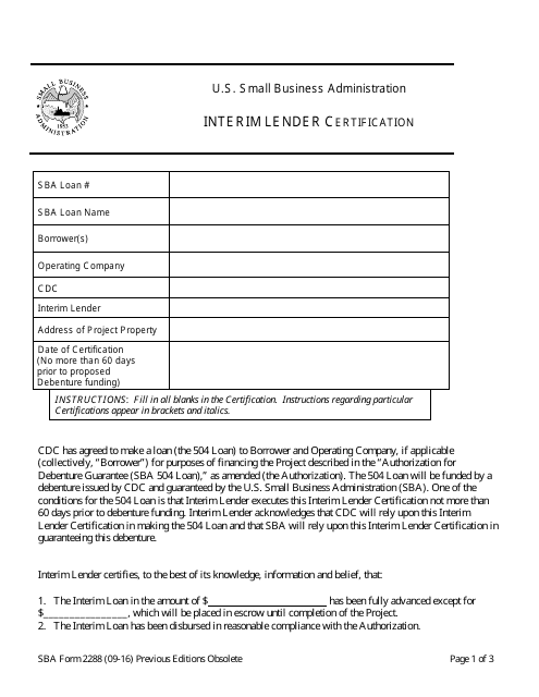 SBA Form 2288  Printable Pdf