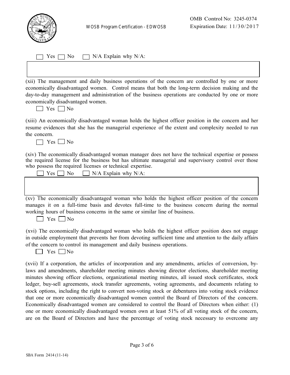 SBA Form 2414 Women Owned Small Business (WOSB) Program Certification - Economically Disadvantaged or Edwosbprogram, Page 3