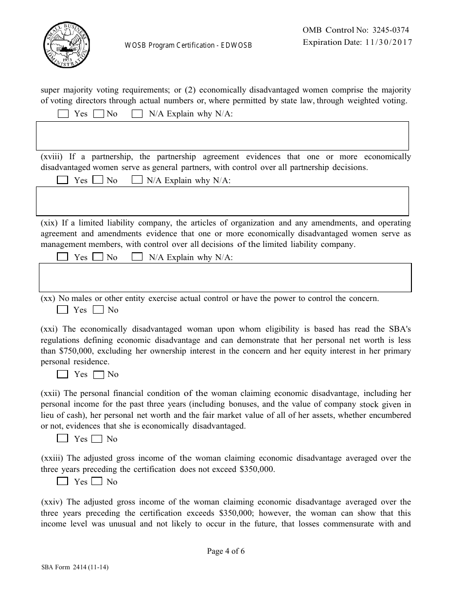 SBA Form 2414 Women Owned Small Business (WOSB) Program Certification - Economically Disadvantaged or Edwosbprogram, Page 4