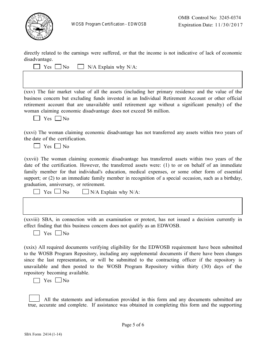 SBA Form 2414 Women Owned Small Business (WOSB) Program Certification - Economically Disadvantaged or Edwosbprogram, Page 5