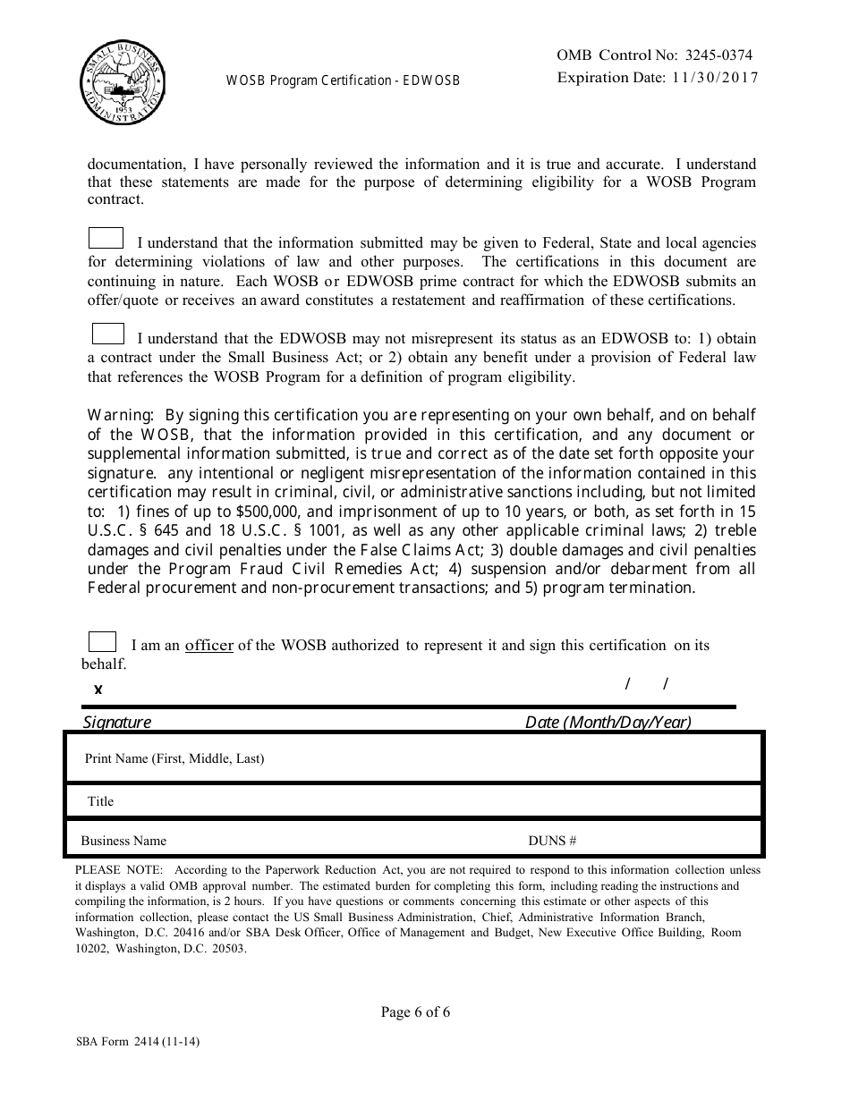 SBA Form 2414 Women Owned Small Business (WOSB) Program Certification - Economically Disadvantaged or Edwosbprogram, Page 6