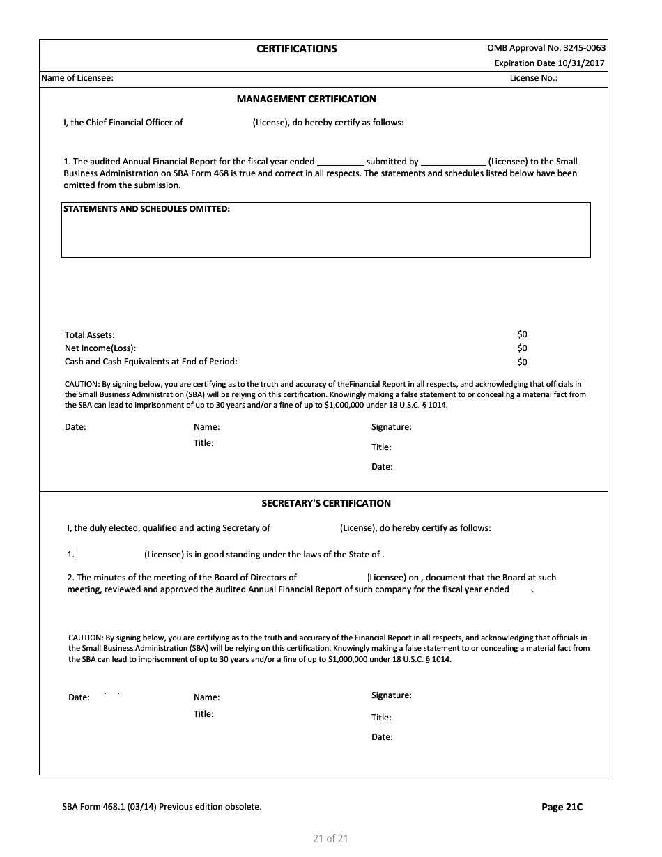 SBA Form 468.1 Corporate Annual Financial Report, Page 21