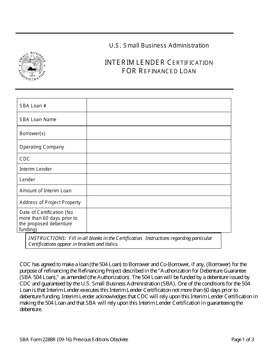 SBA Form 2288R Interim Lender Certification for Refinanced Loan, Page 1