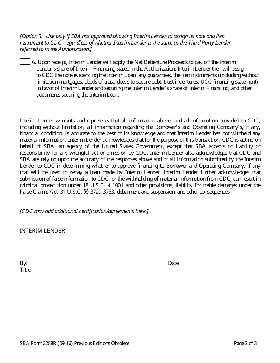 SBA Form 2288R Interim Lender Certification for Refinanced Loan, Page 3
