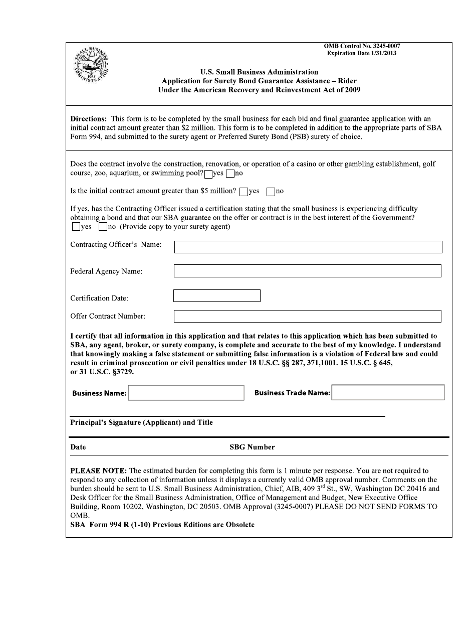 SBA Form 994 R Application for Surety Bond Guarantee Assistance - Rider Under the American Recovery and Reinvestment Act of 2009, Page 1