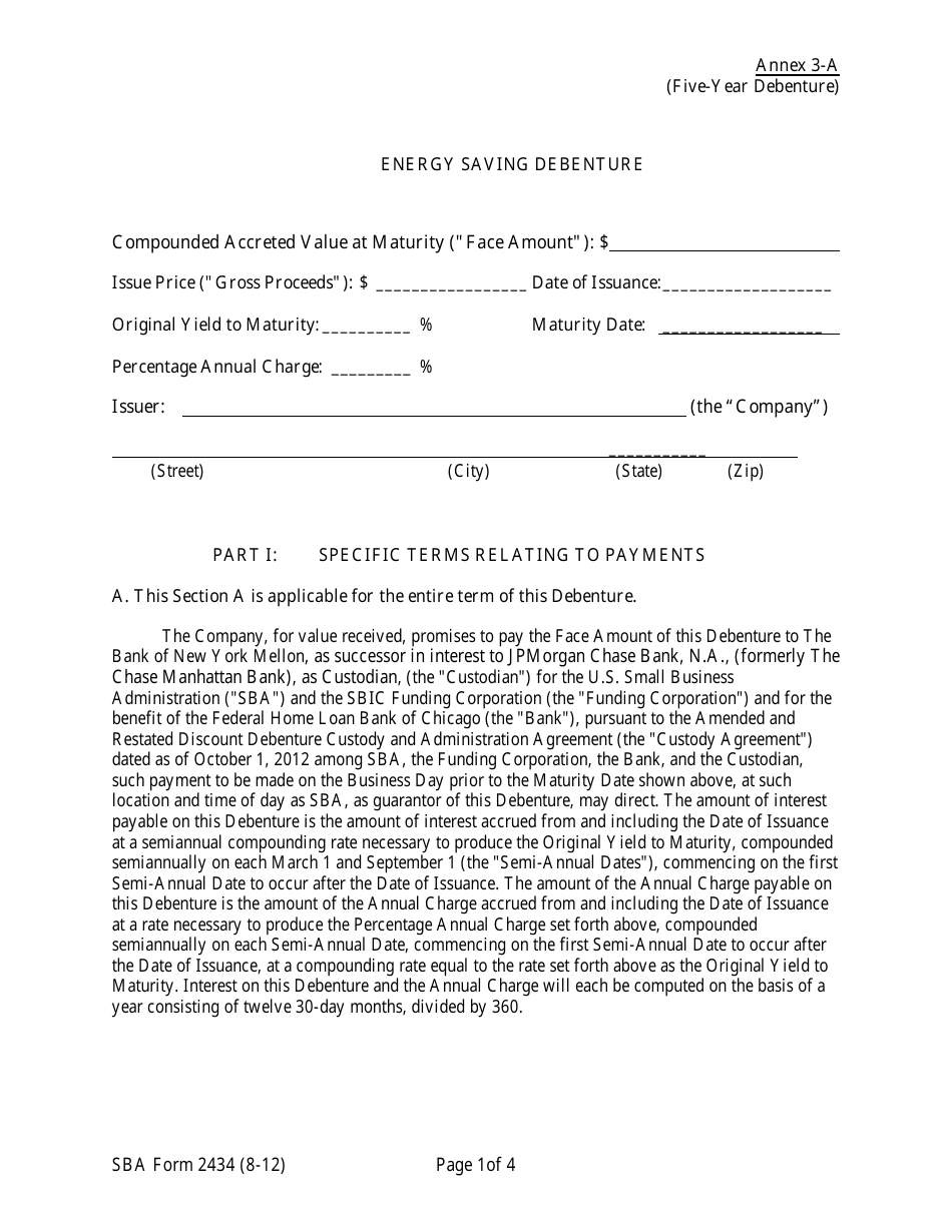 SBA Form 2434 Annex 3-A Energy Saving Debenture, Page 1