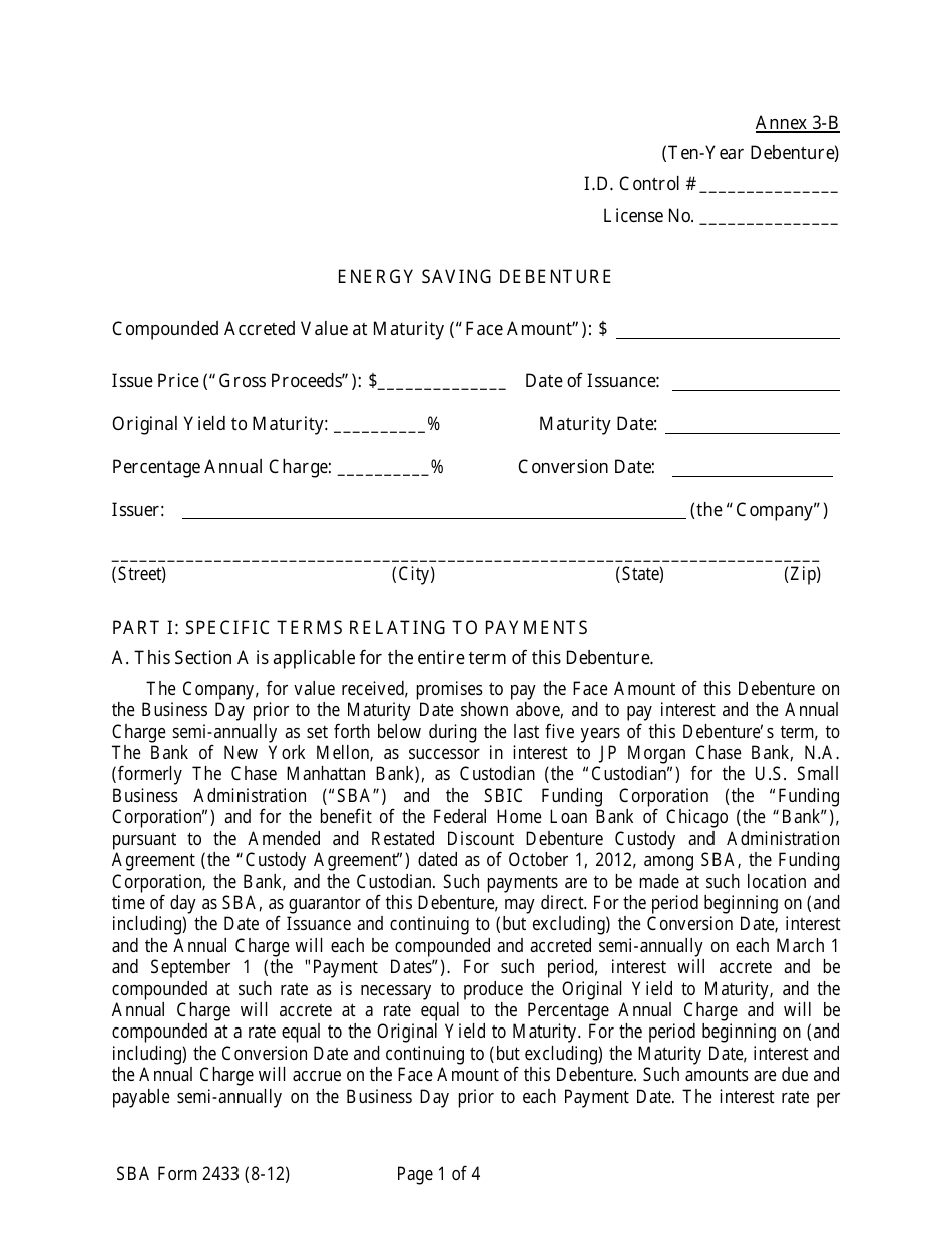 SBA Form 2433 Annex 3-B Energy Saving Debenture, Page 1