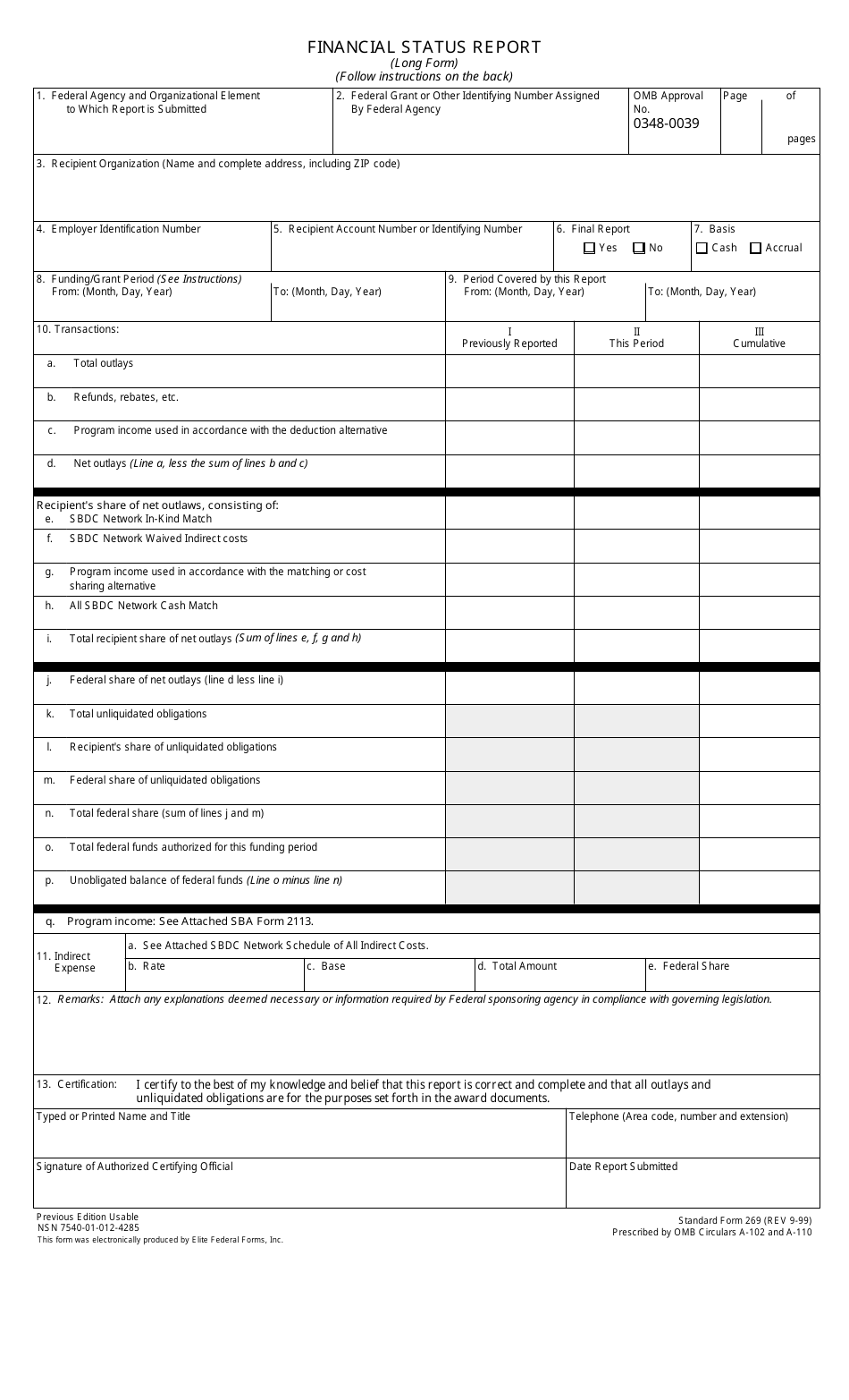 SBA Form SF-269 Financial Status Report, Page 1