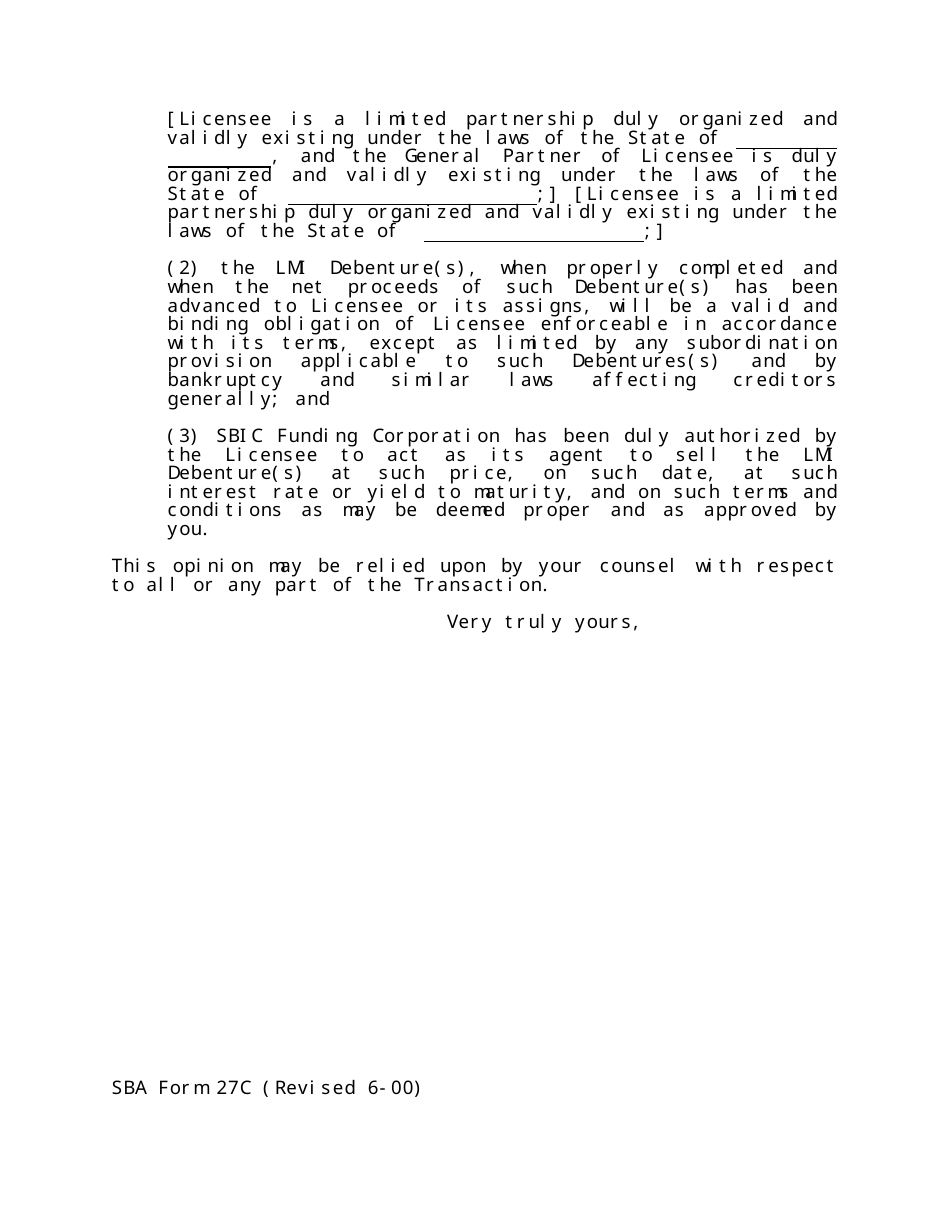 SBA Form 27 Model Opinion of Independent Counsel for Draw of Lmi Debenture Against Debenture Commitment, Page 3