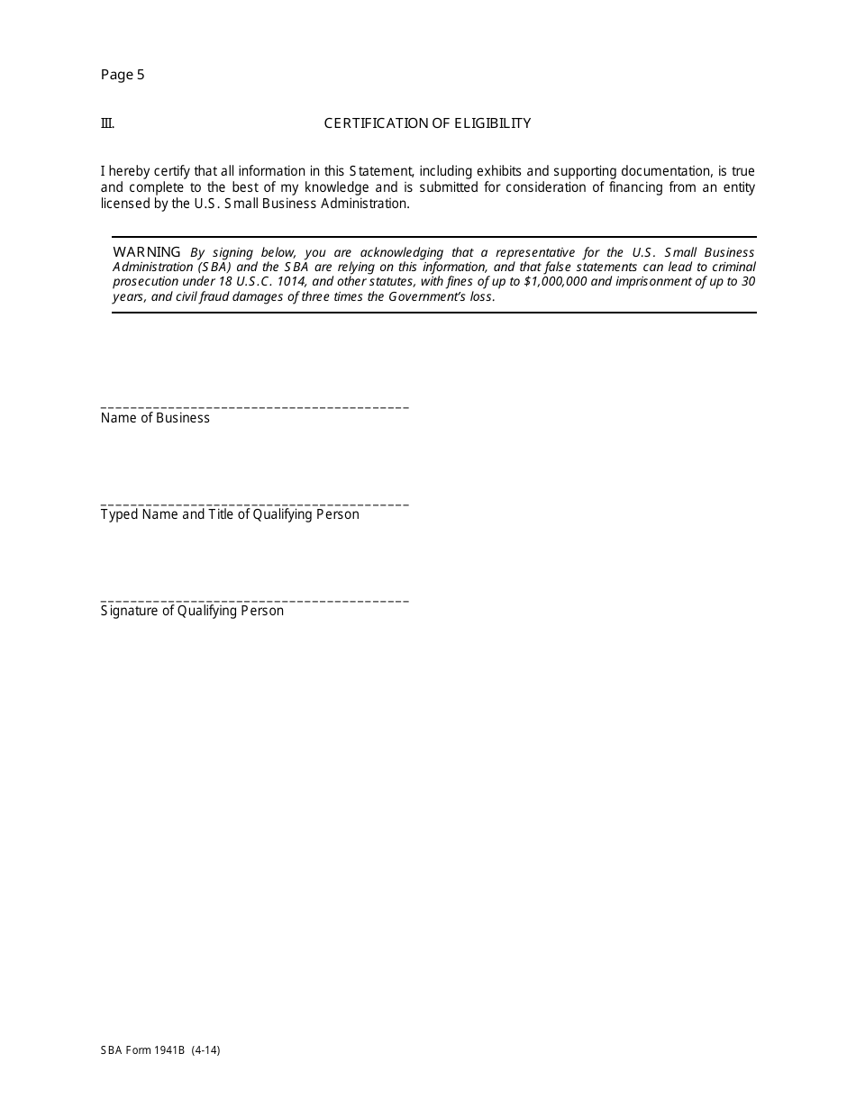 SBA Form 1941B Financing Eligibility Statement - social Disadvantage (For Individuals Who Are Not Members of a Designated Group), Page 5