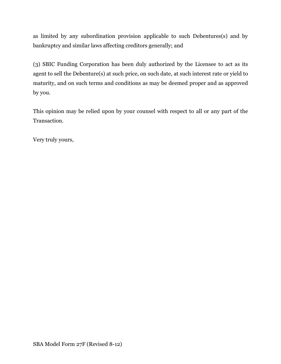 SBA Form 27F Model Opinion of Independent Counsel for Draw of Energy Saving Debenture Against Debenture Commitment, Page 3