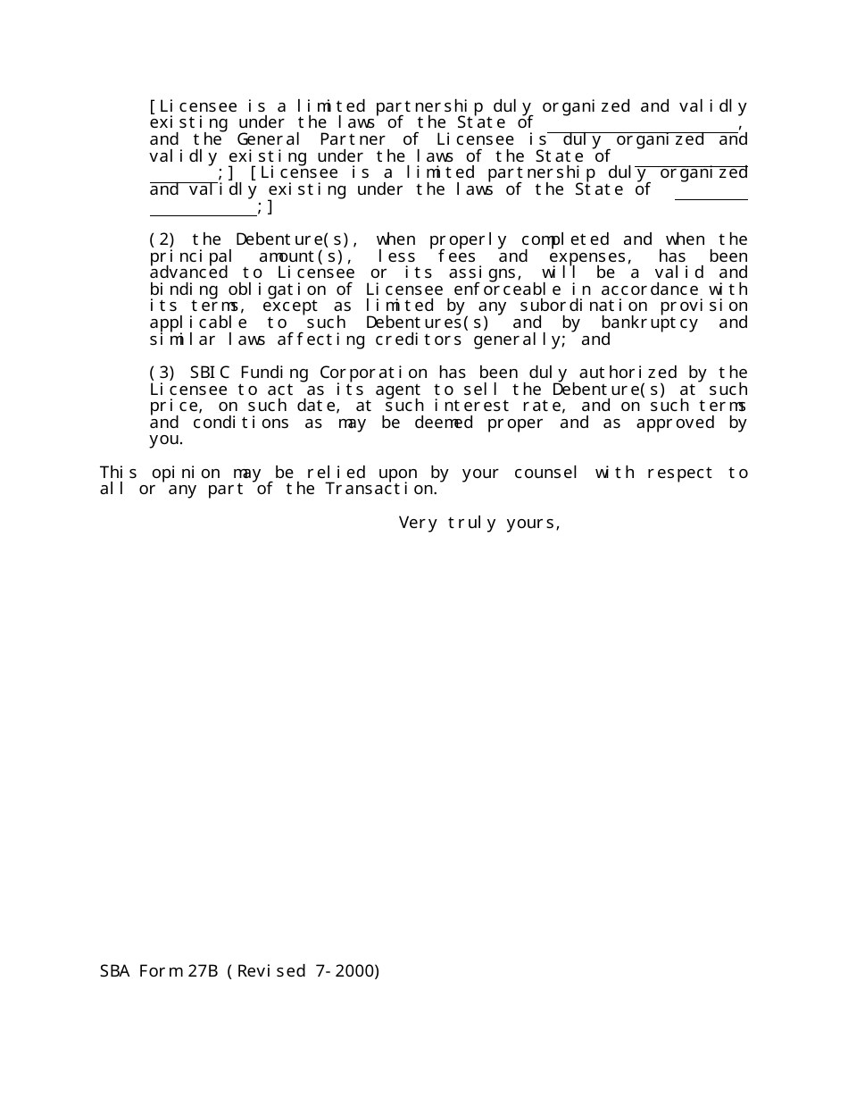 SBA Form 27B Model Opinion of Independent Counsel for Draw Against Debenture Commitment, Page 3