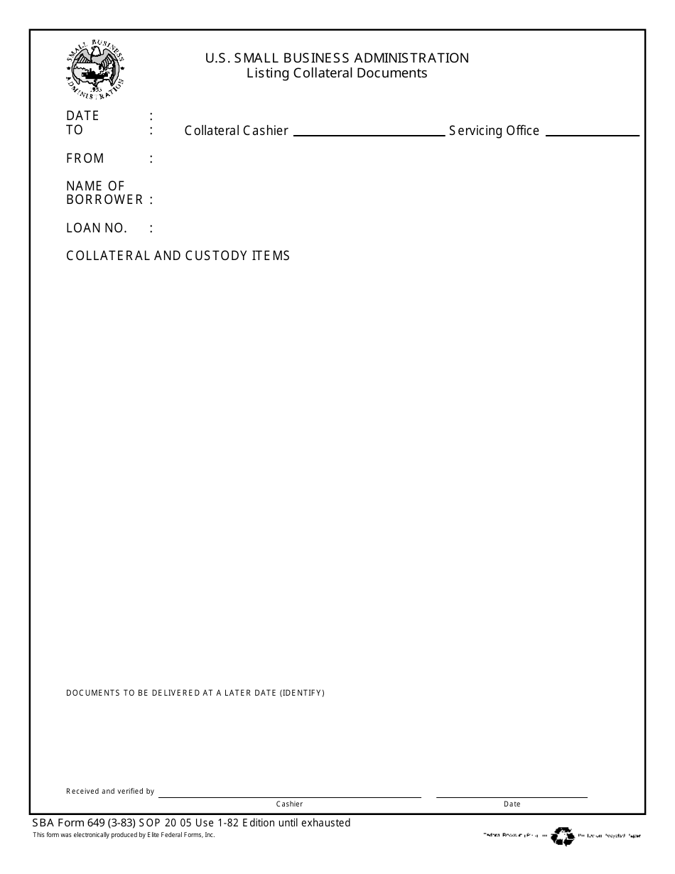 SBA Form 649 Listing Collateral Documents, Page 1