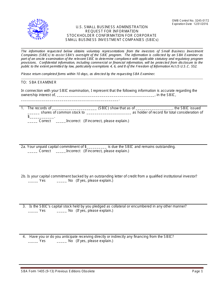 SBA Form 1405 Request for Information - Stockholder Confirmation for Corporate Small Business Investment Companies (SBICs), Page 1