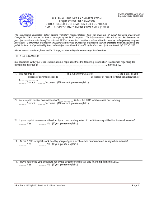 SBA Form 1405 Request for Information - Stockholder Confirmation for Corporate Small Business Investment Companies (SBICs)